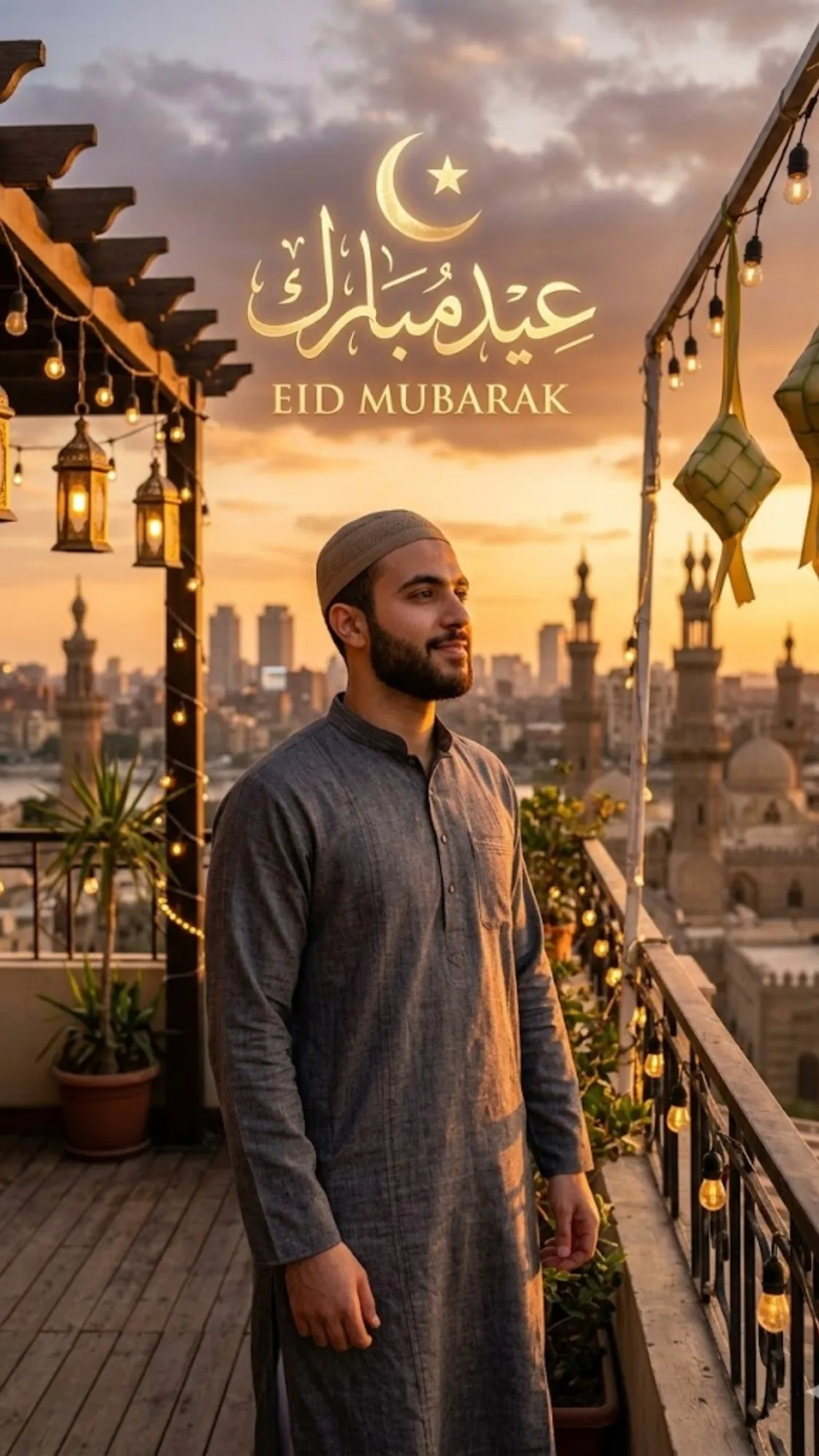Sunset rooftop Eid Mubarak AI-generated portrait